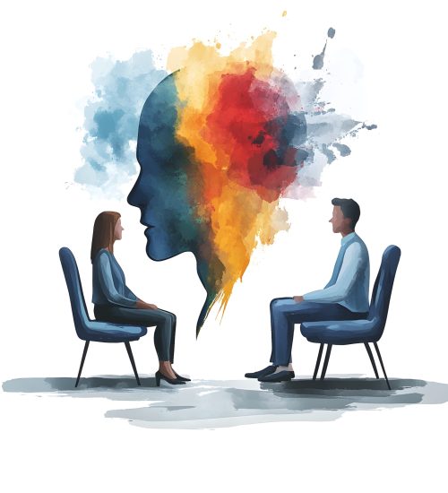 man-woman-sit-chairs-one-which-is-woman-with-head-that-says-smoke